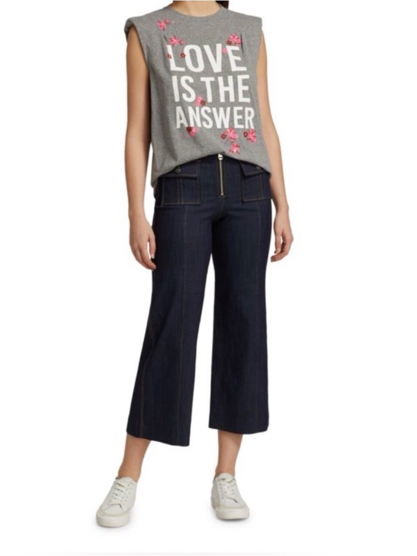 Cinq A Sept Gray Graphic Sleeveless Tee With Pink Floral Appliqus